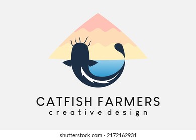 Freshwater fish farmer logo design, breeder or catfish farming. Silhouette of catfish blended with nature in farmer's hat illustration