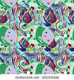 Freshwater fish set. Of different types of fish. Vector illustration. Seamless. Cute fishes on neutral, blue and green colors.