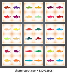Freshwater fish. A set of flat stickers with shadow on old paper. Vector illustration