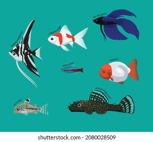 Freshwater Fish Set Various Kind Identify Cartoon Vector 1