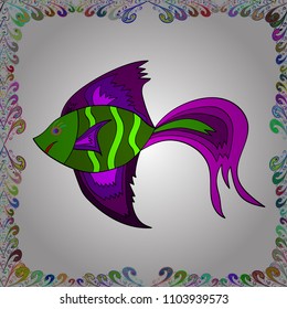 Freshwater fish set. Vector illustration. Cute fishes on white, green and purple colors. Seamless. Of different types of fish.