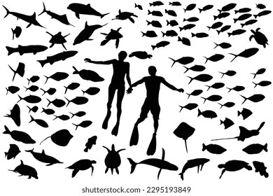 Freshwater fish silhouettes collection set.