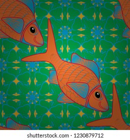 Freshwater fish sketch. Abstract fish seamless pattern. Vector cute fishes in orange, green and blue colors.