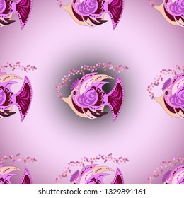 Freshwater fish sketch. Abstract fish seamless pattern. Vector cute fishes in red, violet and pink colors.