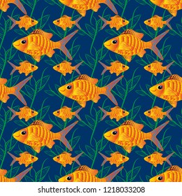 Freshwater fish sketch. Vector cute fishes in green, blue and yellow colors. Abstract fish seamless pattern.