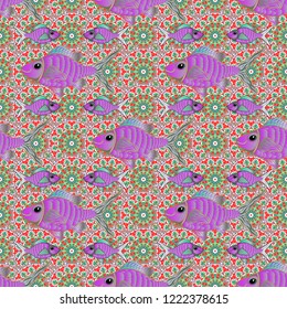 Freshwater fish sketch. Vector cute fishes in green, red and blue colors. Abstract fish seamless pattern.