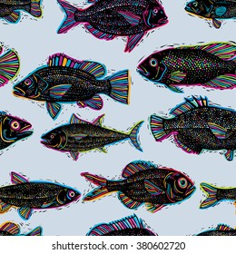 Freshwater fish vector endless pattern, nature and marine theme seamless tiling. Seafood wallpaper, zoology idea background.