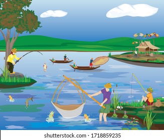 Freshwater fishermen catching fish in river vector design
