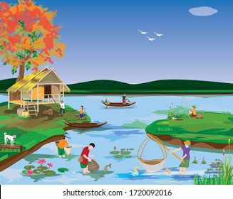 Freshwater fishermen catching fish in river vector design