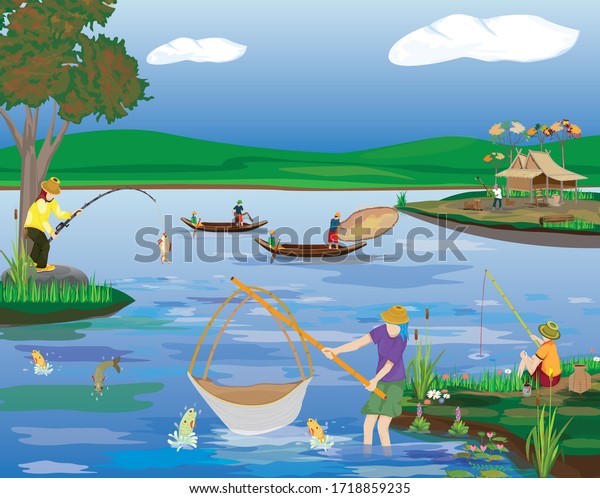 Freshwater\
fishermen catching fish in river vector\
design