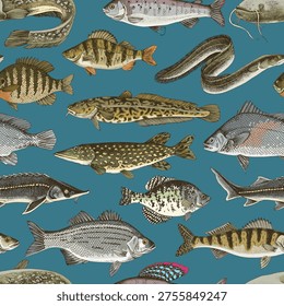 Freshwater fishes vector seamless pattern
