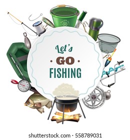 Freshwater fishing sport round frame composition of classic equipment accessories and freshly caught fish  decorative vector illustration 