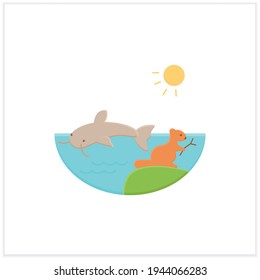 Freshwater flat icon. Water except seawater and brackish water. Living place for fish, crawfish, beaver. Riverscape. Biodiversity concept. 3d vector illustration