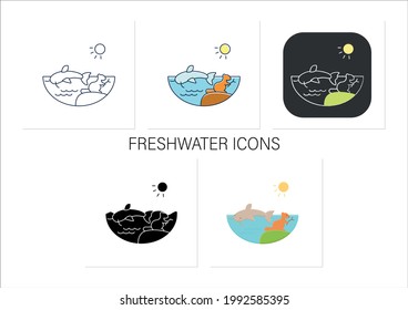 Freshwater icons set. Water except seawater and brackish water. Living place for fish, crawfish, beaver. Riverscape.Collection of icons in linear, filled, color styles.Isolated vector illustrations