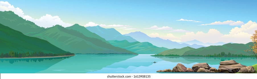 A freshwater lake, mountains and a group of rocks