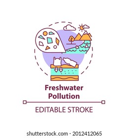 Freshwater pollution concept icon. Microplastics effects idea thin line illustration. Water contamination. Plastic debris. Vector isolated outline RGB color drawing. Editable stroke