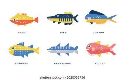 Freshwater and Saltwater Fish as Seafood Depicted in Flat Style Vector Set