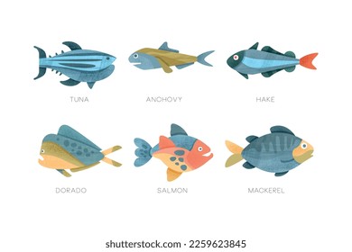 Freshwater and Saltwater Fish as Seafood Depicted in Flat Style Vector Set