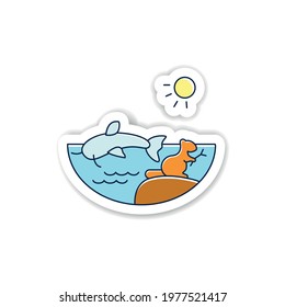 Freshwater sticker icon. Water except seawater and brackish water badge for designs. Living place for fish, crawfish, beaver. Riverscape vector emblem