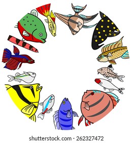 freshwater Tropical fishes in circle