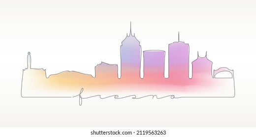 Fresno, CA, USA Skyline Watercolor City Illustration. Famous Buildings Silhouette Hand Drawn Doodle Art. Vector Landmark Sketch Drawing.