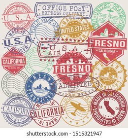 Fresno California Set of Stamps. Travel Stamp. Made In Product. Design Seals Old Style Insignia.