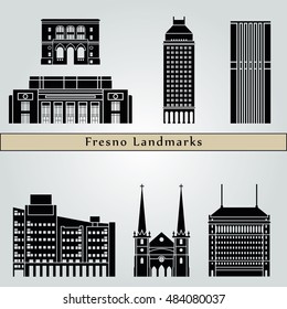 Fresno landmarks and monuments isolated on blue background in editable vector file