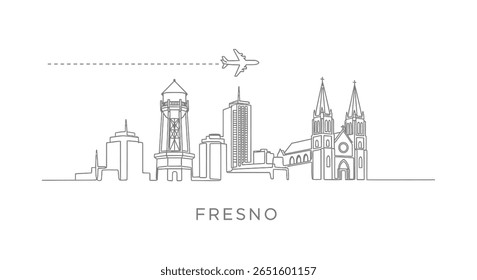 Fresno Skyline with California, USA, Line Art, and Plane.