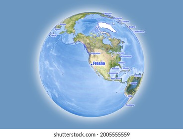 Fresno-United States of America is shown on vector globe map. The map shows Fresno-United States of America 's location in the world.