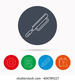 Fretsaw icon. Carpenter work tool sign. Calendar, cogwheel, document file and pencil icons.
