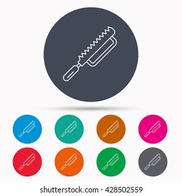 Fretsaw icon. Carpenter work tool sign. Icons in colour circle buttons. Vector