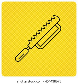 Fretsaw icon. Carpenter work tool sign. Linear icon on orange background. Vector