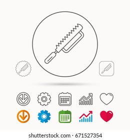 Fretsaw icon. Carpenter work tool sign. Calendar, Graph chart and Cogwheel signs. Download and Heart love linear web icons. Vector