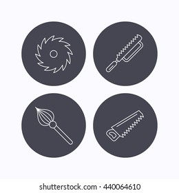 Fretsaw and repair tools icons. Circular saw and brush linear signs. Flat icons in circle buttons on white background. Vector