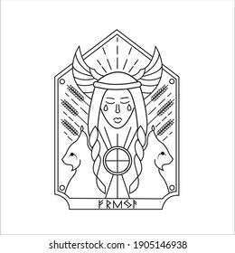 Freya goddess with lynxуы lineart vector