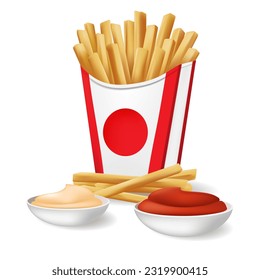 Fri potato and sauces. Fries ketchup and cheese sauce cups, fry french frites snacks with appetizers isolated, fried potetous sticks with dips bowls vector illustration