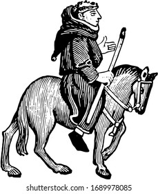 El Friar de los Cuentos Canterbury de Chaucer, esta foto muestra a El Friar montando a caballo y sosteniendo palo en la mano derecha, dibujo vintage de línea o ilustración grabadora