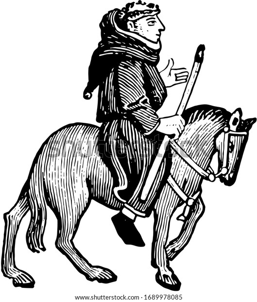 The Friar from\
Chaucer\'s Canterbury Tales, this picture shows The Friar riding on\
horse and holding stick in right hand, vintage line drawing or\
engraving illustration