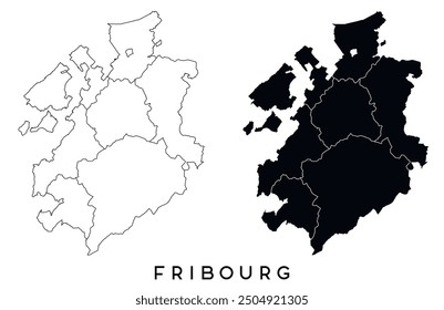 Fribourg map of regions districts vector black on white and outline