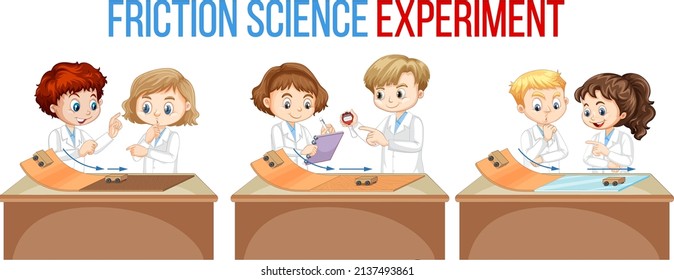 Friction science experiment with scientist kids illustration