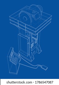 Friction screw press concept outline. Vector rendering of 3d. Wire-frame style. The layers of visible and invisible lines are separated