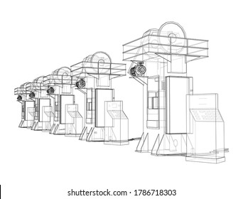 Friction screw press concept outline. Vector rendering of 3d. Wire-frame style. The layers of visible and invisible lines are separated