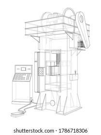 Friction screw press concept outline. Vector rendering of 3d. Wire-frame style. The layers of visible and invisible lines are separated