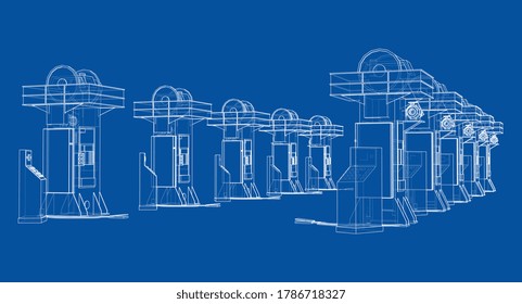 Friction screw press concept outline. Vector rendering of 3d. Wire-frame style. The layers of visible and invisible lines are separated