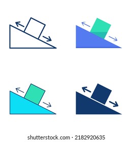 Frictional force icon set in flat and line style. Law of physics symbol. Block sliding on incline plane. Vector illustration.