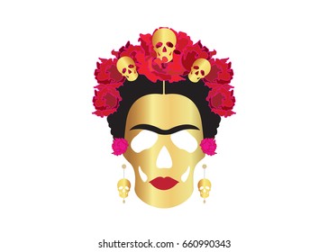 Frida gold skulls, portrait of Mexican Catrina with skulls and flowers , inspiration Santa Muerte in Mexico and la Calavera , vector illustration isolated