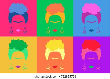 Frida Kahlo background Colored Vector Illustration Pop Art Style Andy Warhol