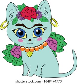 frida kahlo cat with a flower crown.