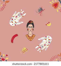 Frida Kahlo cute seamless pattern illustration vector with mexican ornament perfect for cultural art goodies, apparel, fabric, and stationary