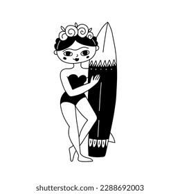 Frida Kahlo de Rivera stylized character wearing swimsuit print concept in doodle style. Creative modern Hipster portrait with surfboard. Summer style tee decor. Black and white vector illustration.